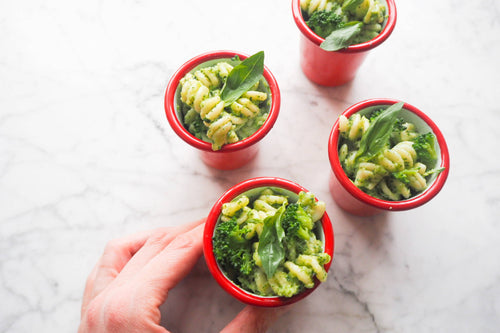 Easy homemade pesto pasta.