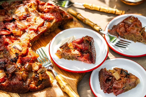 Falcon x BGE x Chantelle Nicholson - Grilled Rhubarb, Strawberry and Rosemary Upside Down Cake.