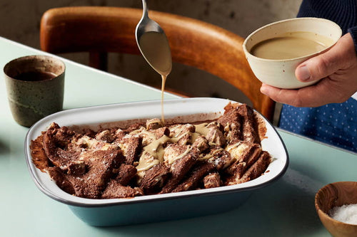Recipes for the weekend - Bitter chocolate and halva bread and butter pudding.
