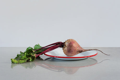 Beetroot and new potato salad with soft-boiled eggs.